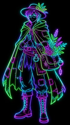 full-body original character: a wandering botanist with a satchel of plants, a patched green cloak, tall boots and round glasses, neutral background