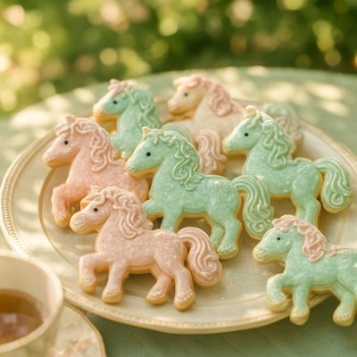 a tray of tiny horse-shaped sugar cookies, highly detailed icing, pastel holiday colors, sparkle sugar, soft bakery lighting, shallow depth of field, whimsical but elegant, intricate frosting texture, macaron-style softness, christmas atmosphere, ultra-detailed, 3d render look, artisan cookie photography style in a Christmas holiday setting