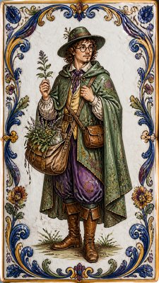 full-body original character: a wandering botanist with a satchel of plants, a patched green cloak, tall boots and round glasses, neutral background