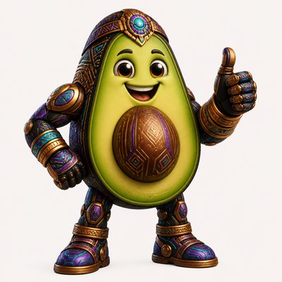a happy avocado character giving a thumbs up, bold readable design on a plain background, no text