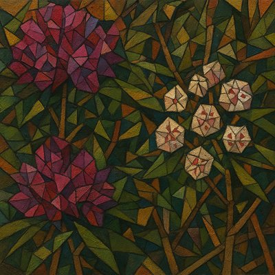 Art Style: Analytical Cubism, avant-garde oil painting style reminiscent of Picasso and Braque.

Subject: A dense, tangled thicket of Rhododendrons and Mountain Laurel bushes.

Composition & Details: The entire natural scene is deconstructed into overlapping geometric planes, fractured shards, and intersecting angles. There are no curved lines; everything is rendered in cubes, cones, and trapezoids.

    The Rhododendrons: Large, showy flower trusses are broken into faceted crystalline structures of deep magenta, rose pink, and violet blocks, looking like explosions of colored quartz rather than soft petals.

    The Mountain Laurels: The smaller, intricate flowers are rendered as complex, repeating geometric star-patterns and angular cups in white and pale pink with distinct red polygonal markings.

    Foliage & Branches: The thick, leathery leaves are fragmented green triangles and parallelograms overlapping each other, creating a sense of depth without traditional perspective. The woody stems and branches are jagged, intersecting brown and grey cylinders that shatter across the frame.

Color & Texture: A palette of muted earth tones—ochre, burnt umber, forest green, and slate grey—contrasted sharply with the jewel-toned facets of the flower colors. The finish should have a heavy, textured oil paint feel with visible palette knife marks and rough brushwork.
