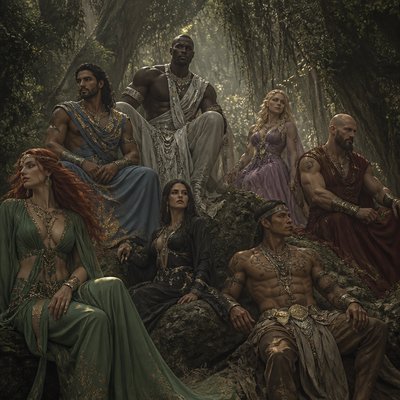Je veux que tu me fasses des divinités au pluriel, un peu genre ancien très majestueux, mais qu'il soit pas genre vieux genre vers les 40 ans, on commence avec une temme, les cheveux roue, les yeux verts, elle est blanche elle est habillé en voile vert avec des bijoux doré, ensuite un brin, les cheveux un peu noir, genre vraiment cour, il a l'air un peu perse iranien, musclé il est habillé en bleu ciel avec un peu de doré. Un autre homme noir hyper grand et muscles genre enorme . Habillé en blanc et argenté. enfin une femme rose pourpre ou violet claire qui est blonde et or rose ou argenté. Enfin un homme habillé en rouge sombre. Il est blanc le crane rase et une barbe, il est musclé et sa tenue est sans manche. Et une femme blanche habillé en noir les cheveux noir et un homme qui a l’air amérindien il a les cheveux court et il est habillé en marron beige et argenté il est musclé et sans tee shirt genre juste le pantalon Je veux vraiment qu’ils aient 40 ans et qu’il y ait une Vibe de Dieu ancien. Je veux vraiment que qu’on ait l’impression qu’il se repose genre qu’ils sont posés le vent vers les cheveux comme s’il était dans une bande bizarre, et je veux que les couleurs soient pas très agressives, genre qu’elles soient hyper hyper terne. La soie, un duo des voiles.