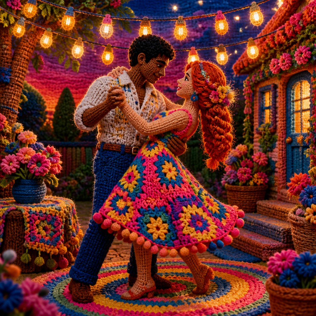 an original couple dancing under string lights in a garden at dusk: a man with short black hair in a linen shirt and a woman with braided red hair in a summer dress