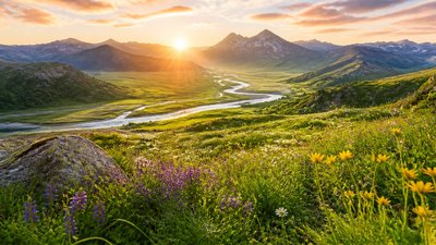 a vast valley with a river winding toward distant mountains at sunrise, no people, no text