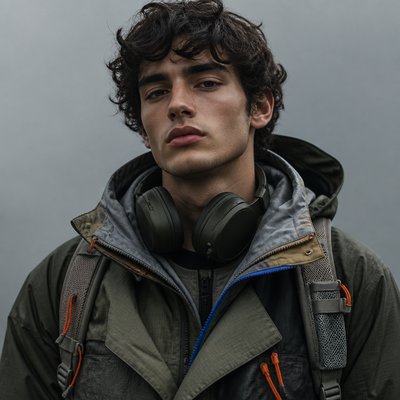 head-and-shoulders portrait of an original character: a young man with curly dark hair and headphones around his neck, plain backdrop, no text