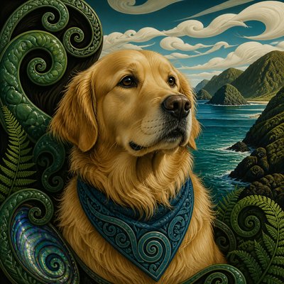 portrait of a golden retriever wearing a blue bandana, warm plain backdrop, no text