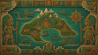 a map of an island realm with mountains, forests, a sheltered bay, sea monsters in the water and a compass rose, no text labels