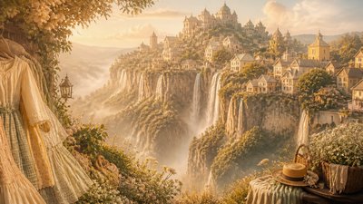 a cliffside city with waterfalls cascading into a misty canyon, wide establishing shot, no people, no text