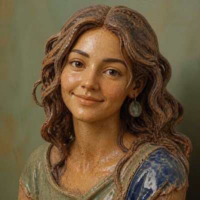 head-and-shoulders portrait of an original character: a young woman with wavy chestnut hair and a warm smile, plain soft backdrop