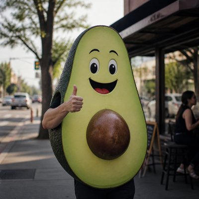 a happy avocado character giving a thumbs up, bold readable design on a plain background, no text
