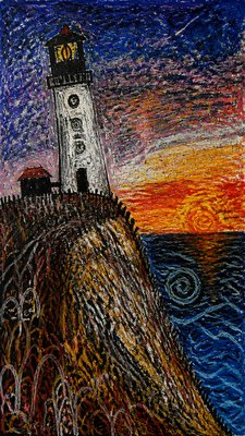 a lone lighthouse on a cliff at dusk under a dramatic sky, no text or lettering