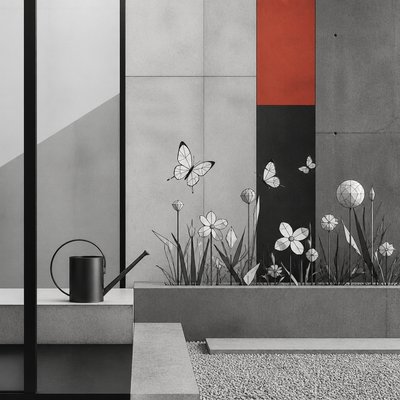 a garden scene with butterflies, flowers and a watering can, clean uncolored line art, no text