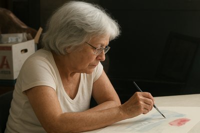 a woman sitting at a table writing on a piece of paper