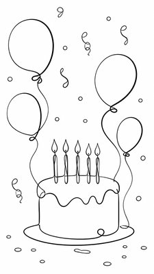 a birthday cake with lit candles surrounded by balloons and confetti, festive vertical composition, no text