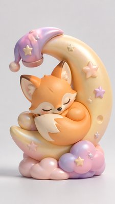 a sleeping baby fox curled on a crescent moon among soft stars, gentle and warm, no text
