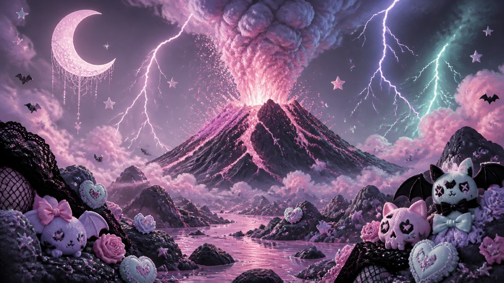 an erupting volcano with lightning strikes, dramatic wide composition, no text