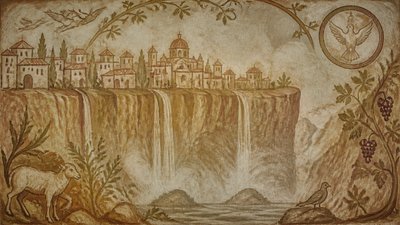 a cliffside city with waterfalls cascading into a misty canyon, wide establishing shot, no people, no text