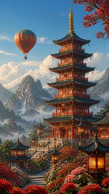 a hot air balloon drifting over rolling flower fields on a sunny day, cheerful, no text