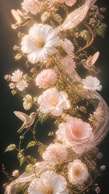 a climbing vine of flowers and hummingbirds on a dark background, tall wrapping composition, no text