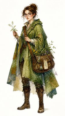 full-body original character: a wandering botanist with a satchel of plants, a patched green cloak, tall boots and round glasses, neutral background