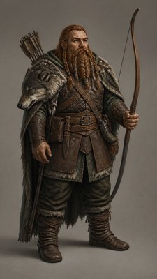 full-body original character: a dwarven ranger with a braided auburn beard, worn leather armor, a longbow and a wolf-pelt cloak, neutral background, no text