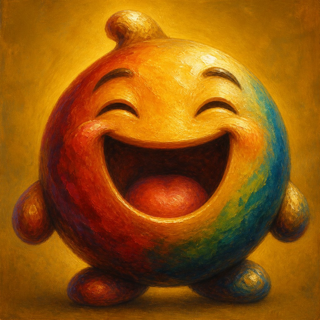an exaggerated laughing face of an original round mascot character, bold and readable at small size, plain background, no text