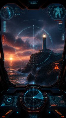 a lone lighthouse on a cliff at dusk under a dramatic sky, no text or lettering