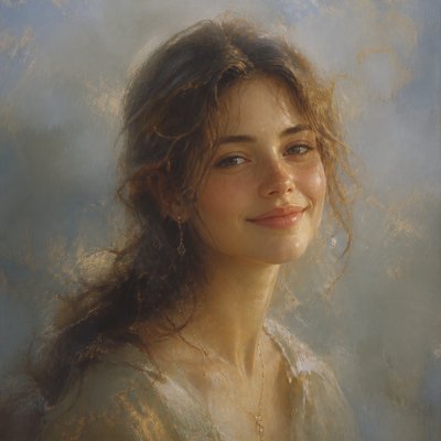 head-and-shoulders portrait of an original character: a young woman with wavy chestnut hair and a warm smile, plain soft backdrop