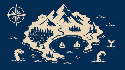a map of an island realm with mountains, forests, a sheltered bay, sea monsters in the water and a compass rose, no text labels