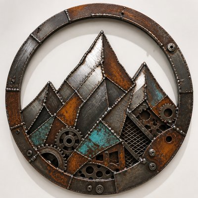 an emblem of a mountain peak inside a circle, simple bold shapes on a plain background, no text or lettering