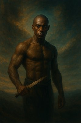 a painting of a man holding a knife