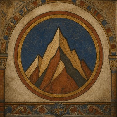 an emblem of a mountain peak inside a circle, simple bold shapes on a plain background, no text or lettering