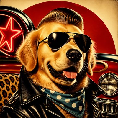 portrait of a golden retriever wearing a blue bandana, warm plain backdrop, no text