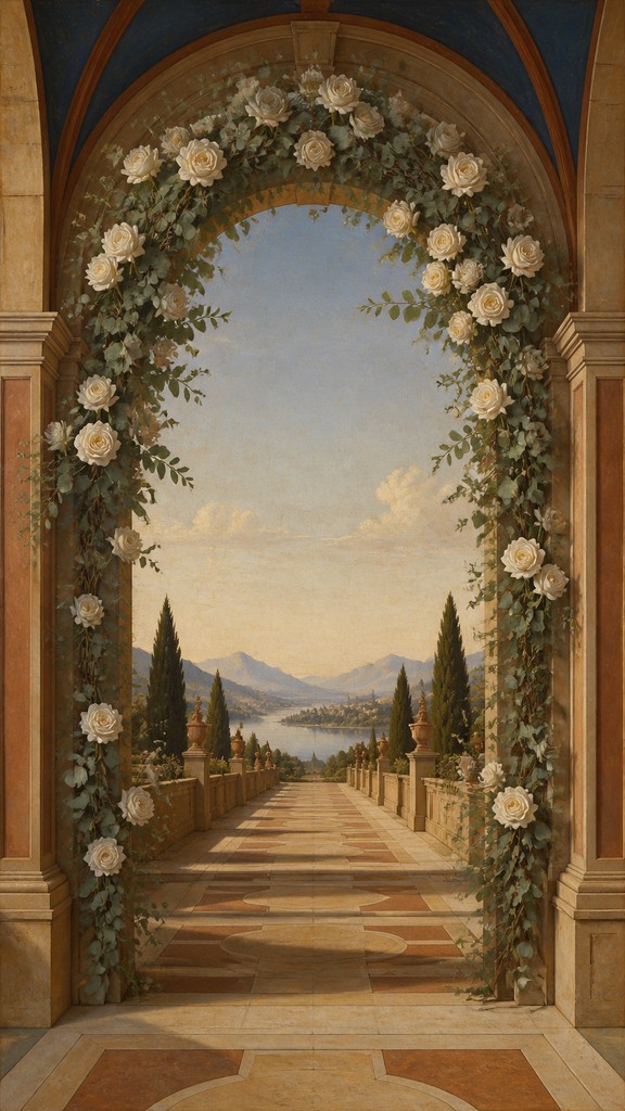 an arch of white roses and eucalyptus in soft morning light, elegant vertical composition with open space, no text