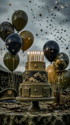 a birthday cake with lit candles surrounded by balloons and confetti, festive vertical composition, no text