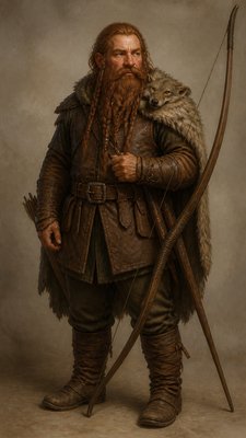 full-body original character: a dwarven ranger with a braided auburn beard, worn leather armor, a longbow and a wolf-pelt cloak, neutral background, no text