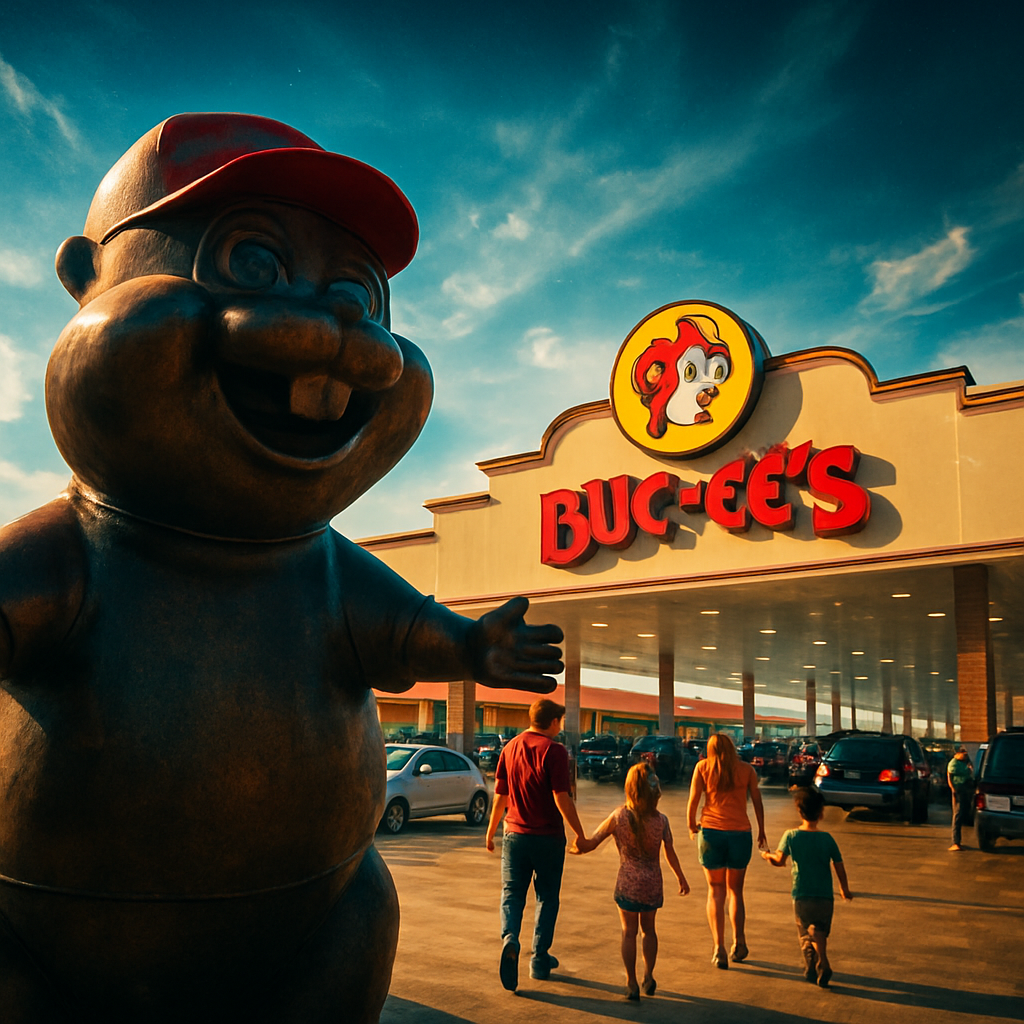 Generate a vibrant, wide-angle image capturing the overwhelming scale and festive atmosphere of a Buc-ee's travel center during peak daylight hours. The central focus should be the massive, iconic Buc-ee the Beaver mascot statue at the entrance, welcoming visitors. Show the enormous, brightly lit gas station canopy stretching across dozens of pumps, with a continuous flow of cars and trucks. In the background, feature the distinctive red-roofed store building with its huge signage. Include details that convey the bustling energy: families walking in, people filling up their tanks, and the overall sense of a colossal, well-organized 'roadside attraction.' The image should highlight its cleanliness, vastness, and the unique, almost surreal experience of stopping at a Buc-ee's.