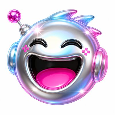 an exaggerated laughing face of an original round mascot character, bold and readable at small size, plain background, no text