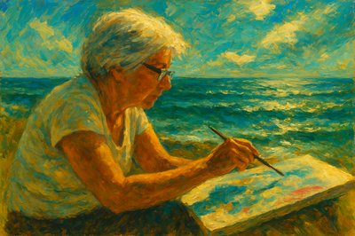 a painting of an older woman sitting on a beach