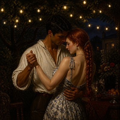 an original couple dancing under string lights in a garden at dusk: a man with short black hair in a linen shirt and a woman with braided red hair in a summer dress
