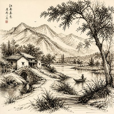 wide landscape with natural scenery — Pen and Ink Drawing Style