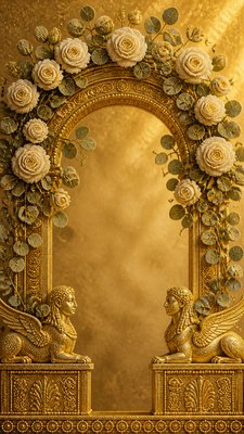 an arch of white roses and eucalyptus in soft morning light, elegant vertical composition with open space, no text