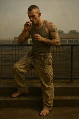a man sitting on steps smoking a cigarette