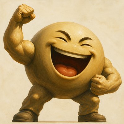 an exaggerated laughing face of an original round mascot character, bold and readable at small size, plain background, no text