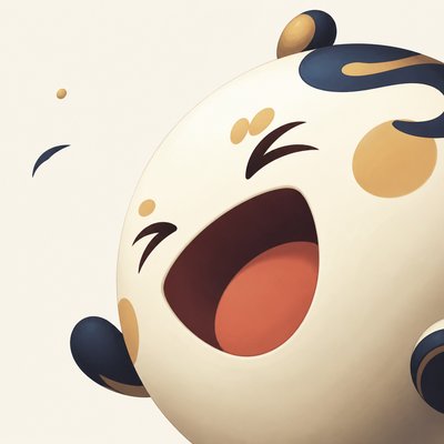an exaggerated laughing face of an original round mascot character, bold and readable at small size, plain background, no text