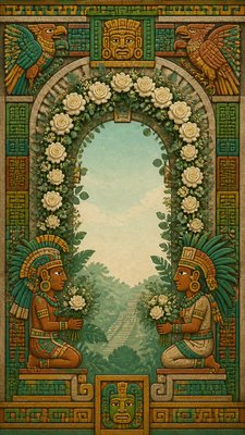 an arch of white roses and eucalyptus in soft morning light, elegant vertical composition with open space, no text