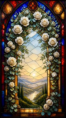 an arch of white roses and eucalyptus in soft morning light, elegant vertical composition with open space, no text