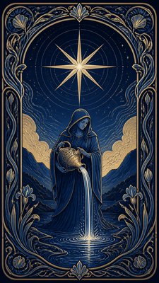 a robed figure pouring water beneath a large eight-pointed star in a night sky, symmetrical composition with an ornate decorative border, no text