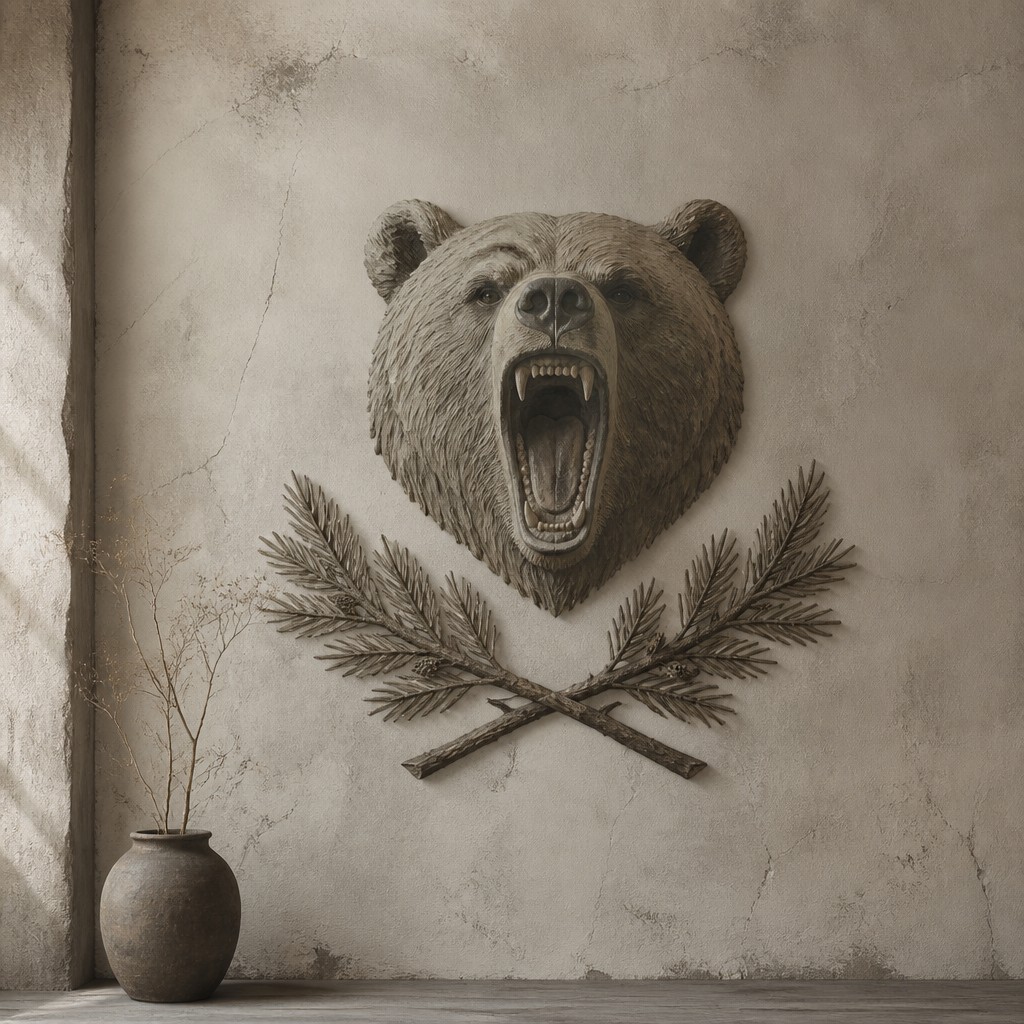 a roaring bear head above crossed pine branches, bold graphic composition on a plain background, no text
