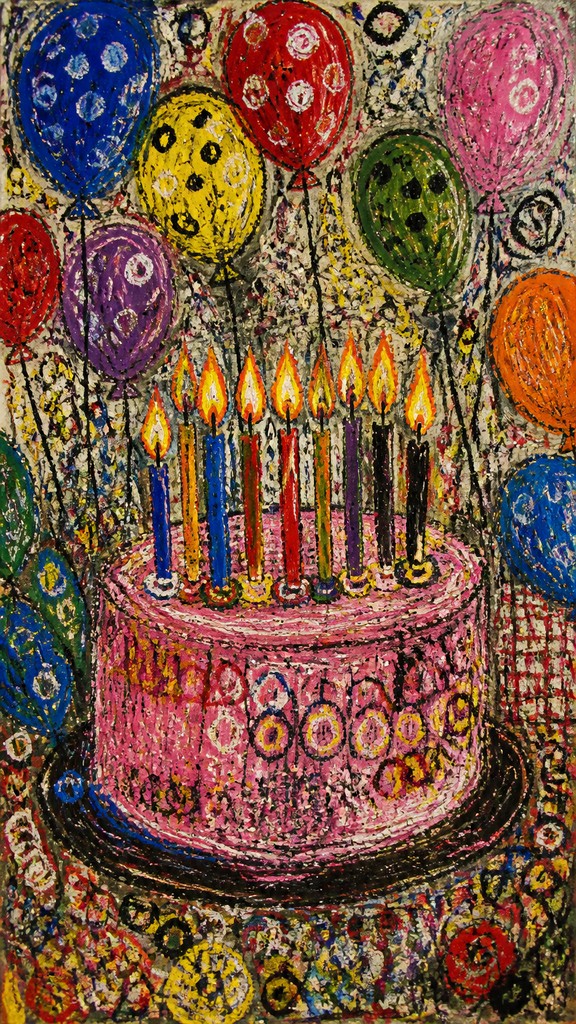 a birthday cake with lit candles surrounded by balloons and confetti, festive vertical composition, no text